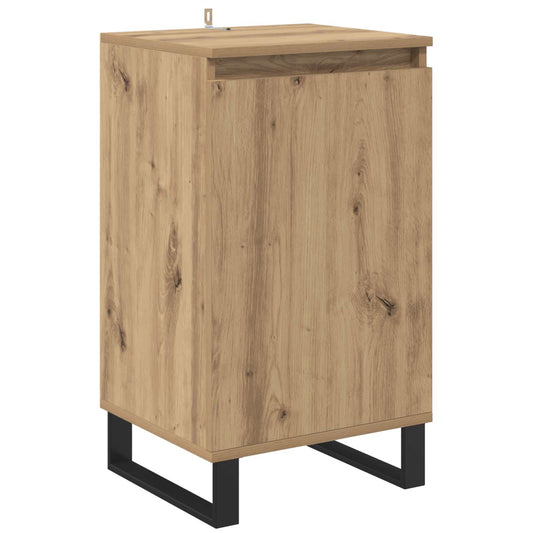 The sideboard has a natural wood grain finish and black metal legs