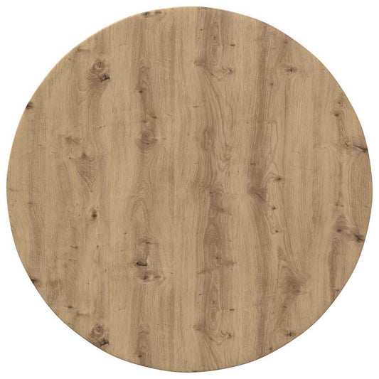 Close-up of the round engineered wood table top with an artisan oak finish