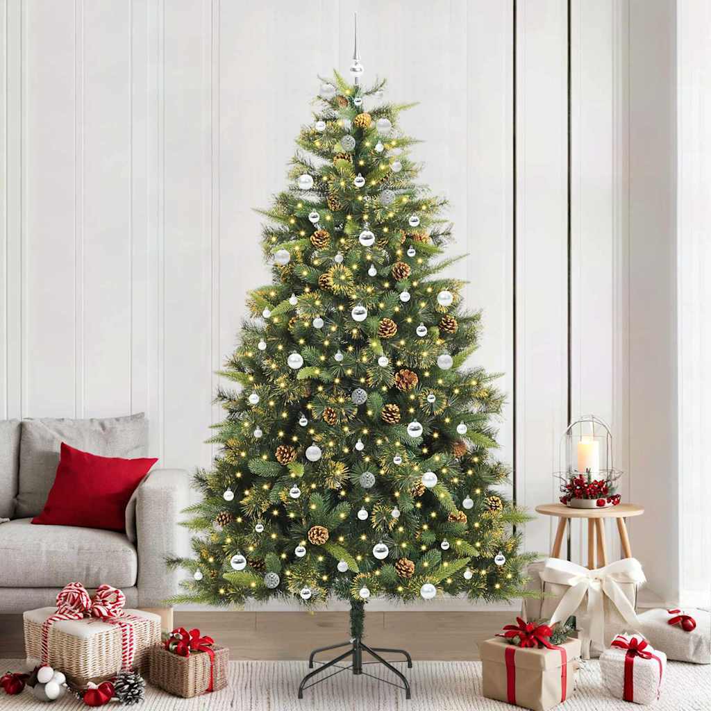 Artificial Hinged Christmas Tree with Cones Green 240 cm with LEDs&silver balls