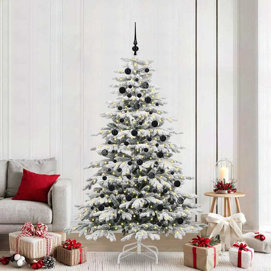 Artificial Hinged Christmas Tree White PE and PVC 210 cm with LEDs &black balls