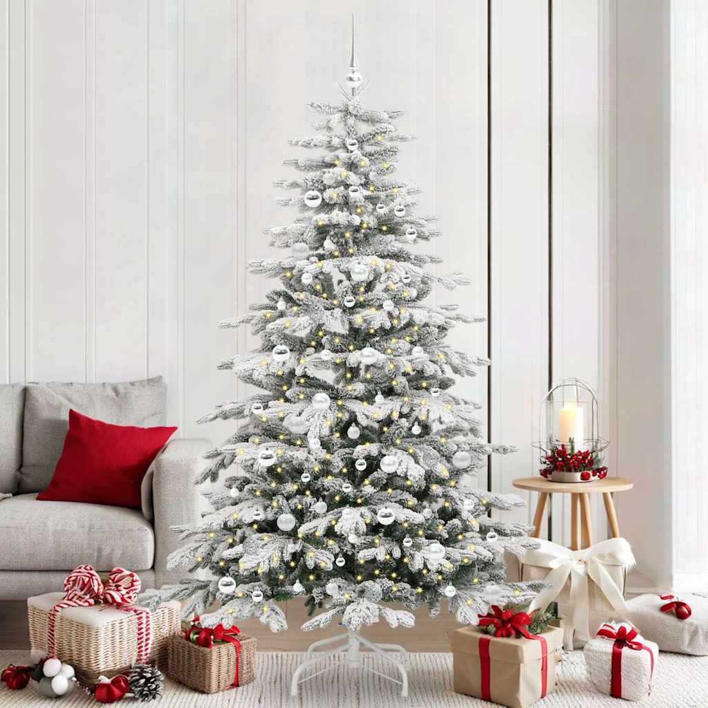 Artificial Hinged Christmas Tree White PE and PVC 210 cm with LEDs &silver balls
