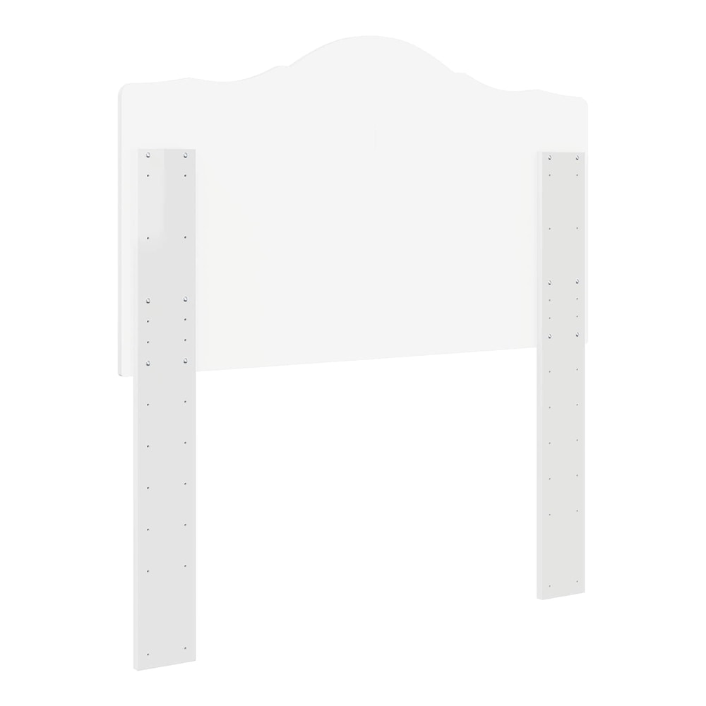 The back of the white engineered wood headboard showing mounting brackets