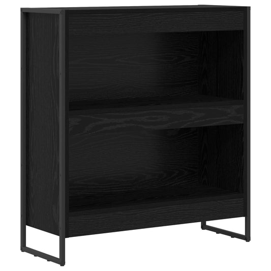The empty book cabinet showing the black wood grain finish and the metal frame base