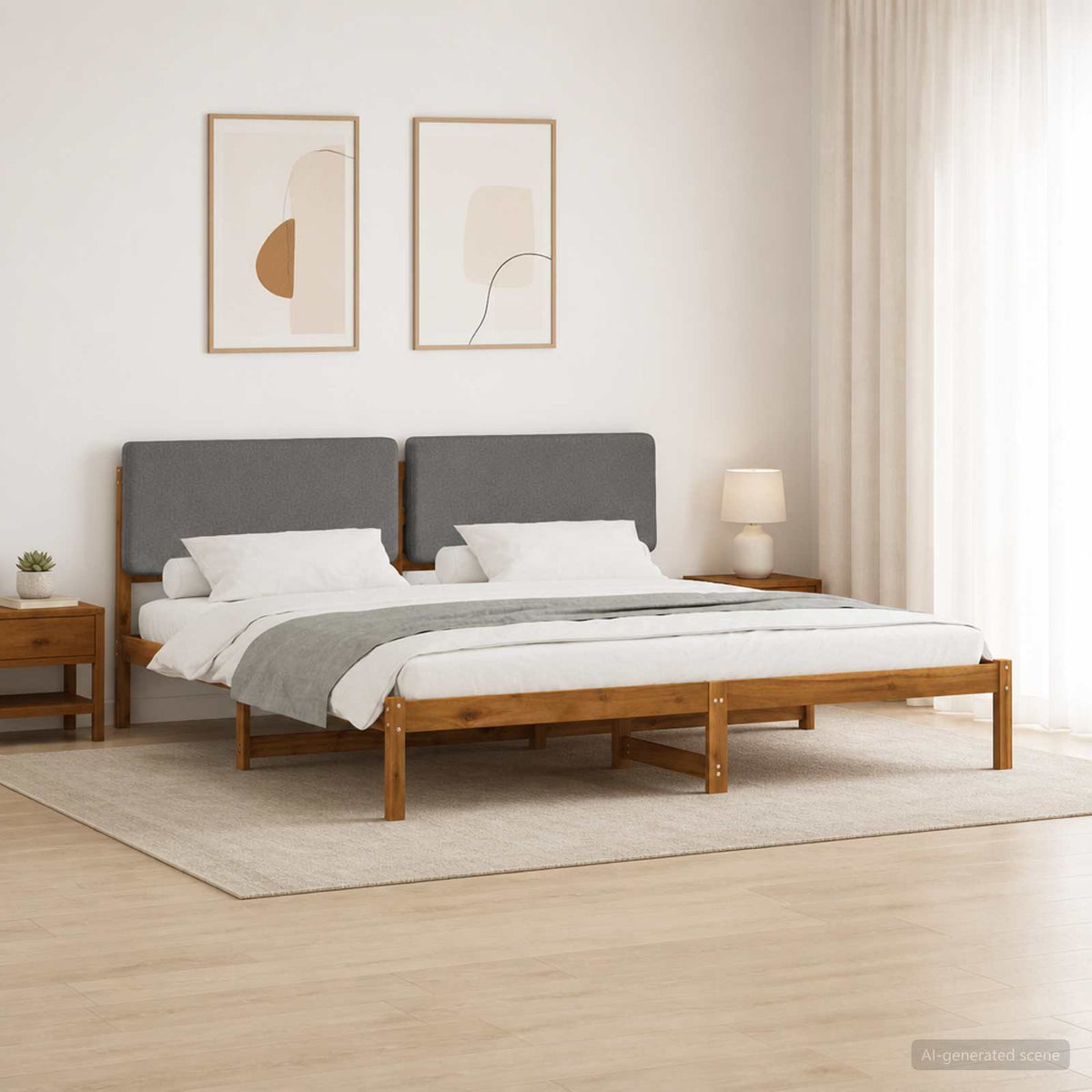 Bed Frame with Upholstered Headboard Length 200 cm Natural and Light Grey 200 cm