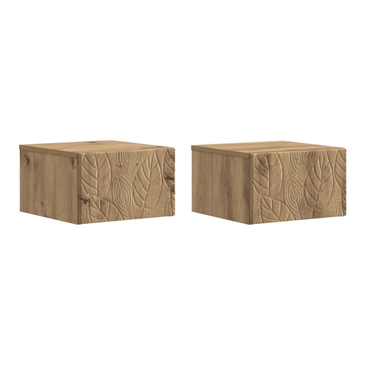 Two vidaXL wall-mounted bedside cabinets with carved leaf pattern