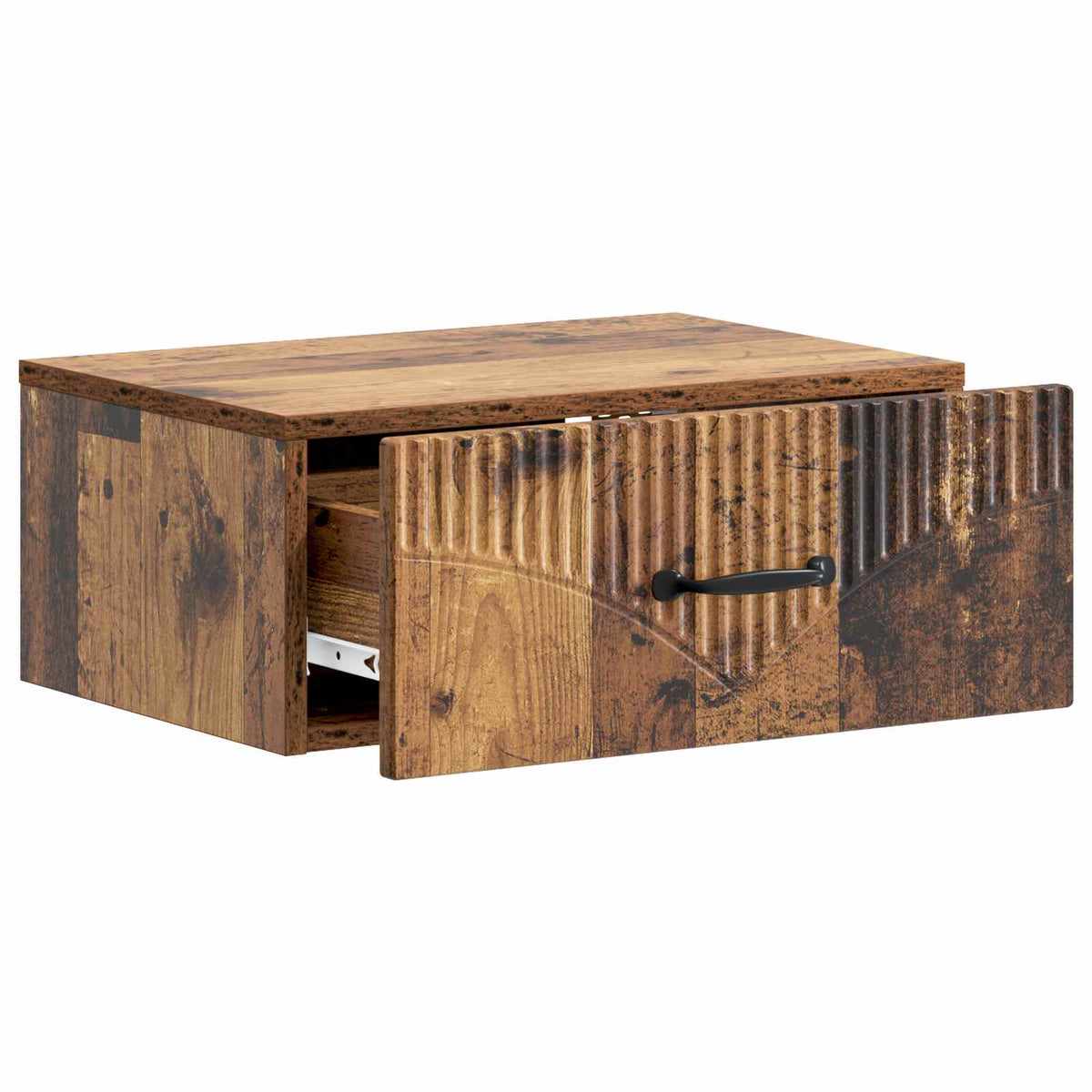 The bedside cabinet with its drawer pulled open