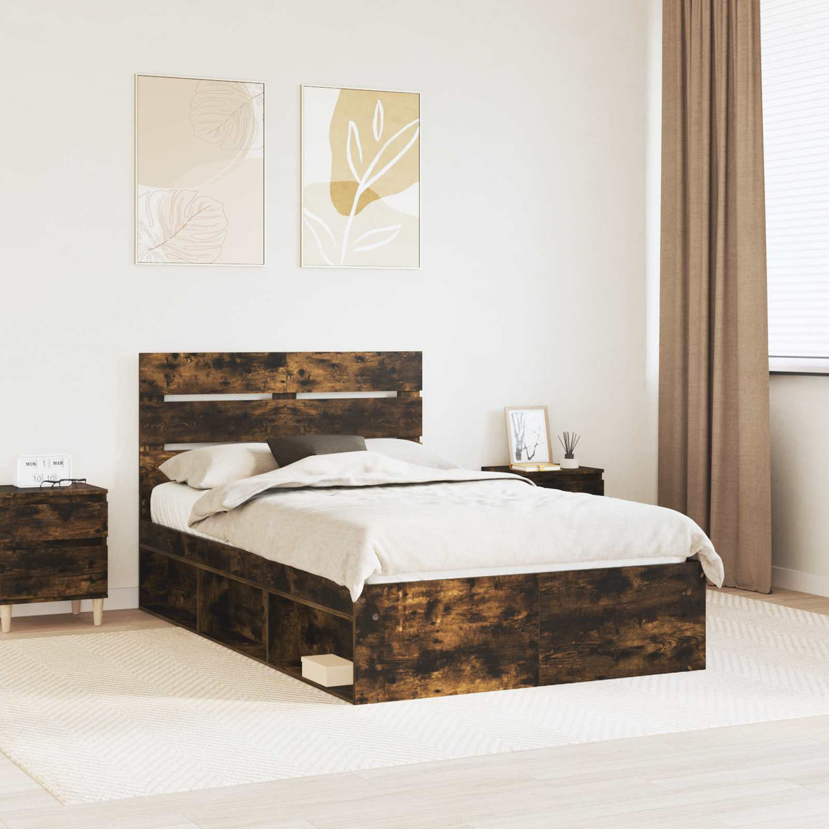 Bed Frame 135 x 190 cm Solid Pine Wood Smoked oak
