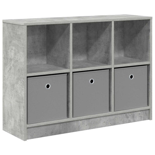 the concrete effect sideboard with three open shelves and three grey storage boxes