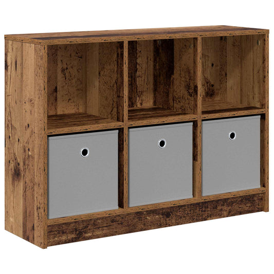 the wooden sideboard with three open shelves and three grey fabric storage boxes