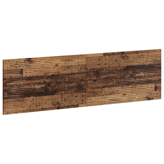 The wall-mounted headboard shows a rustic wood effect with horizontal and diagonal lines