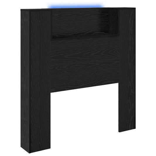 Storage headboard with LED lighting in black oak engineered wood, showing the integrated LED light strip at the top