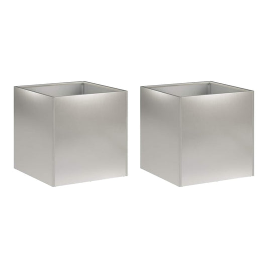 Two silver stainless steel garden planters shown side by side