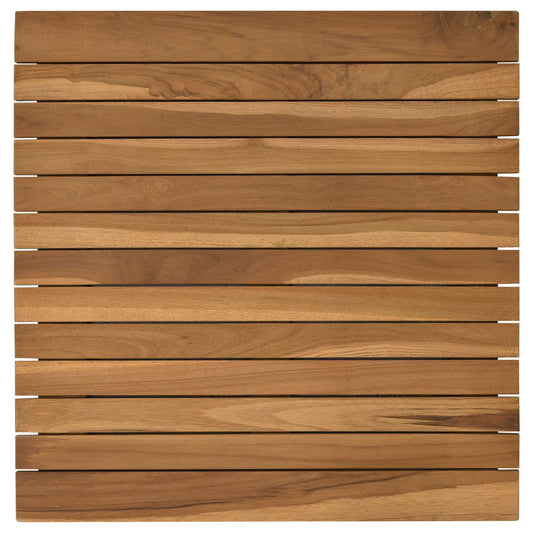 Close up of the slatted surface of the square teak wood table top