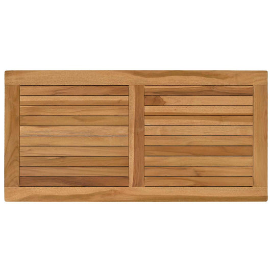 The rectangular table top viewed from directly above showing the slatted wood design