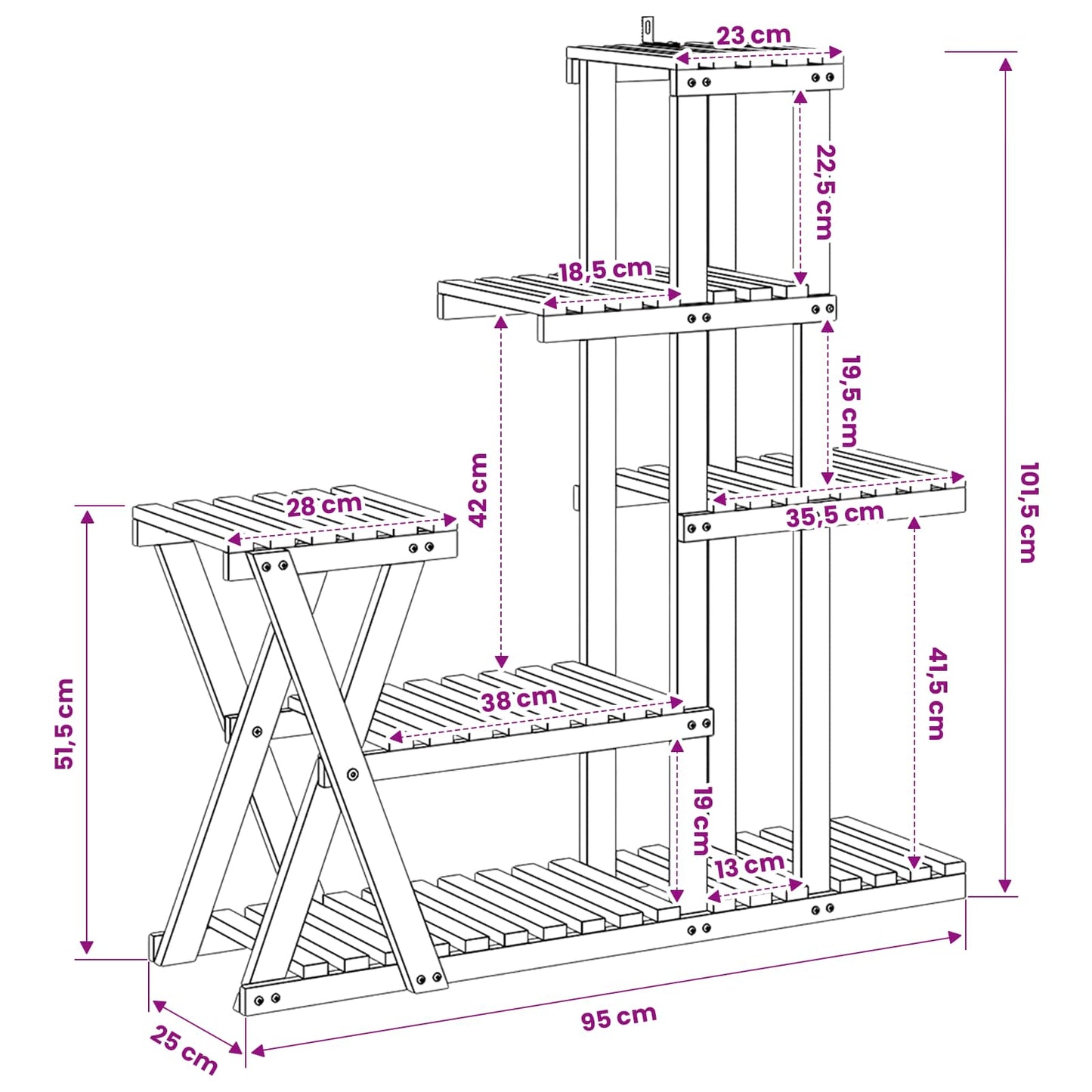 vidaXL Plant Stand Natural 95 x 25 x 101.5 cm Solid Acacia Wood 6
