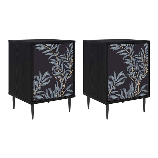 Bedside Cabinet BONN Black Oak 36 x 33 x 51 cm 2 Blue fern print