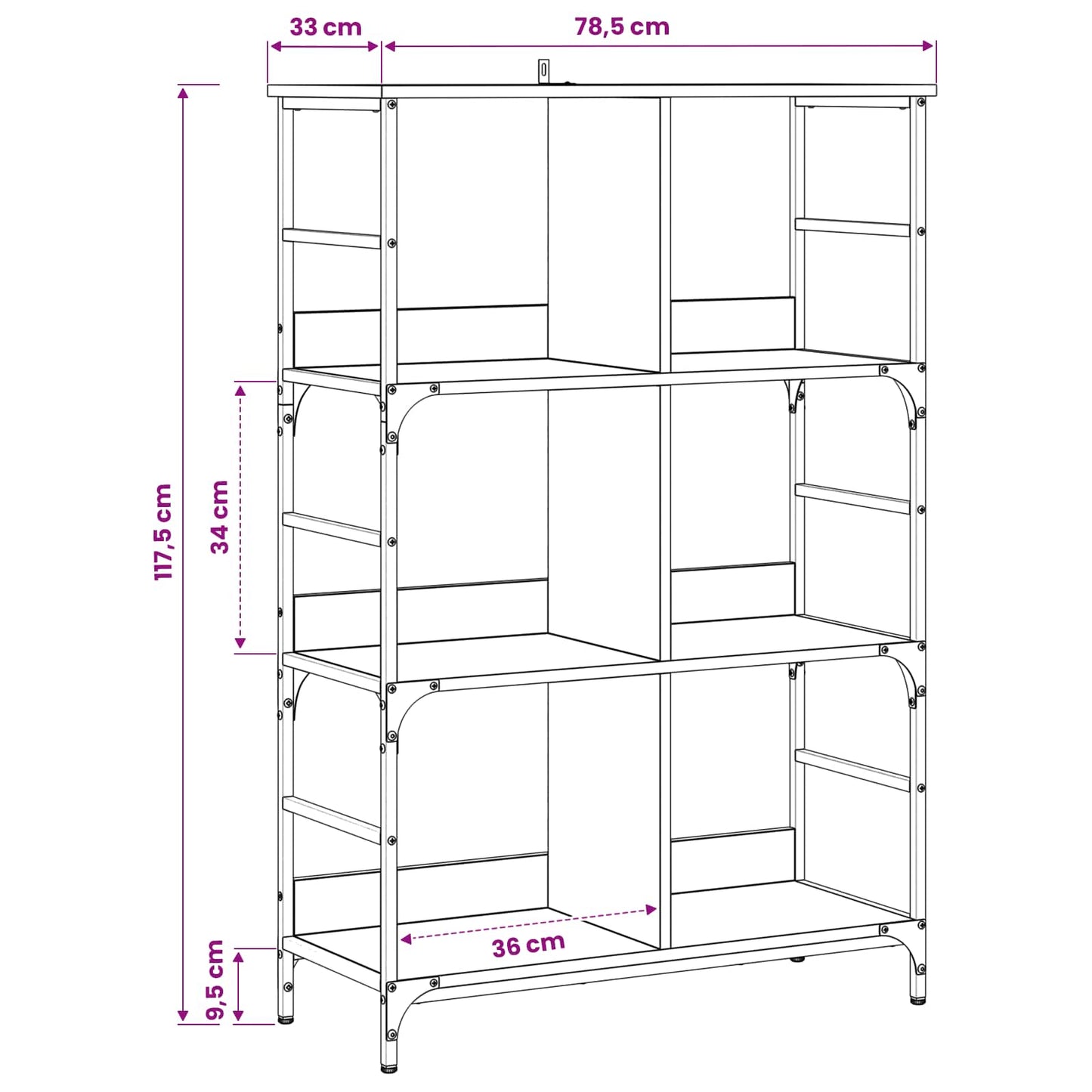 vidaXL Bookshelf 4-Tier 78.5 x 33 x 117.5 cm metal PB Old wood 6