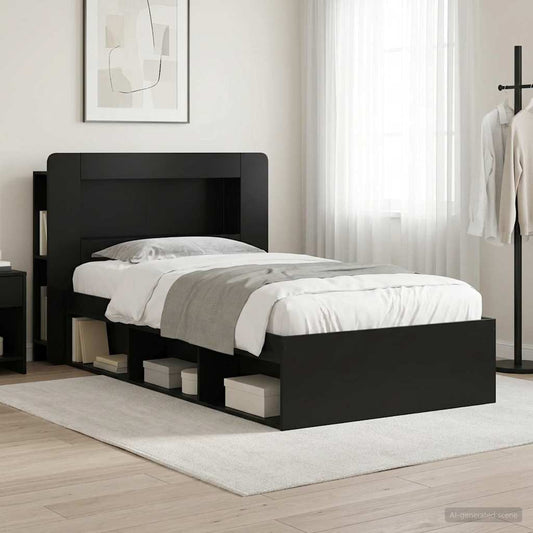 Bed Frame with Storage 90 x 200 cm Engineered Wood with Centre Shelf Black