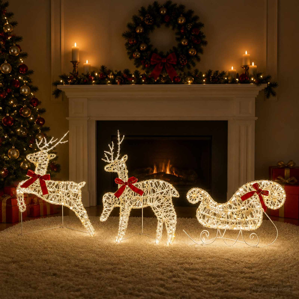 Christmas Reindeer with Sleigh 3 pcs 60 LEDs Warm white