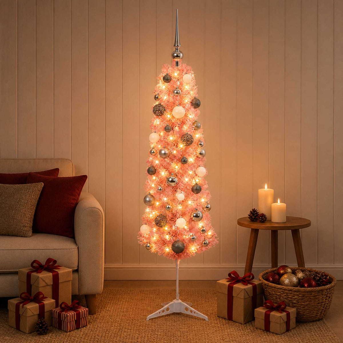 vidaXL Artificial Slim Christmas Tree with Bauble 150 LEDs 150 cm