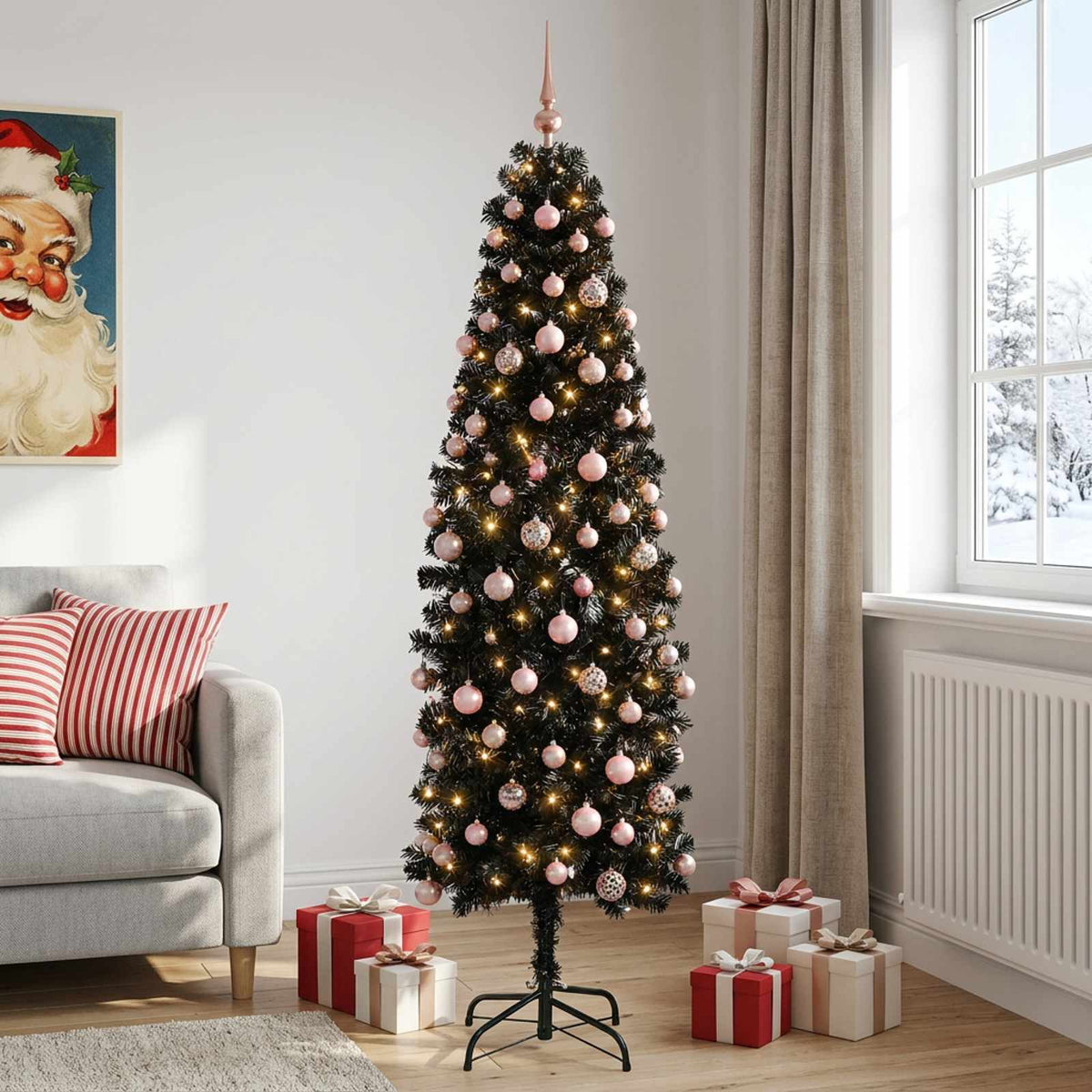 Artificial Slim Christmas Tree Bauble LEDs pink balls