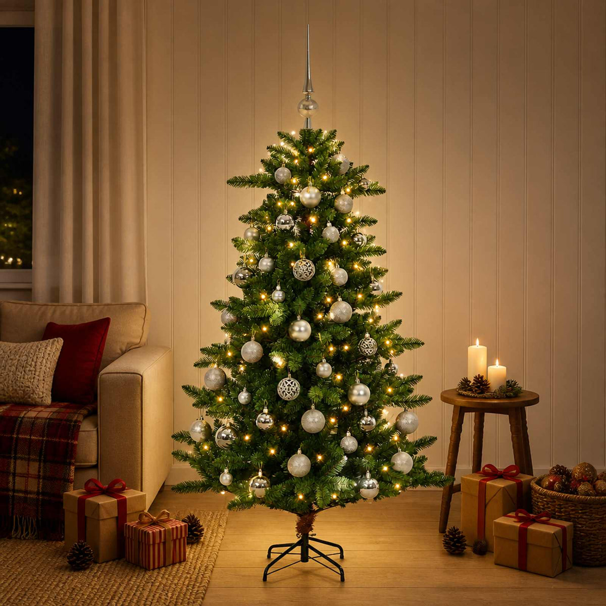 Artificial Christmas Tree with Bauble 150 LEDs 150 cm with LEDs & silver balls