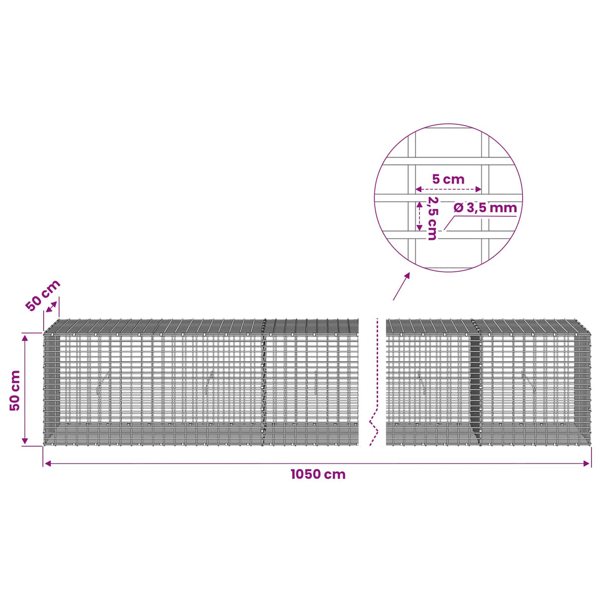 Gabion with 3.5 mm Wire and 5x2.5 cm Mesh 1050x50x50 cm 1050 cm