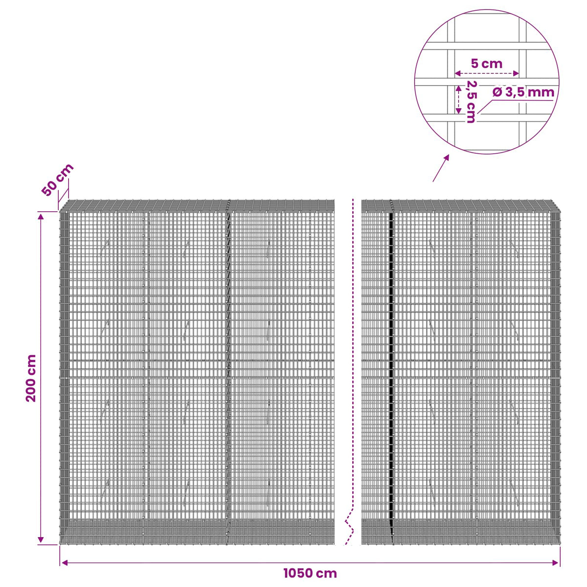 Gabion with 3.5 mm Wire and 5x2.5 cm Mesh 1050x50x200 cm 1050 cm