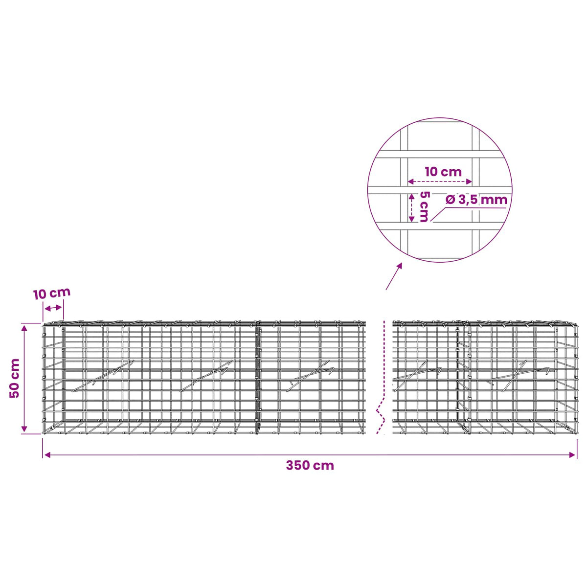 Gabion with 3.5 mm Wire and 5x10 cm Mesh 50x10x50 cm 350 cm