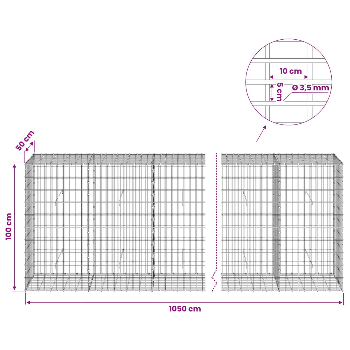 Gabion with 3.5 mm Wire and 5x10 cm Mesh 1050x50x100 cm 1050 cm