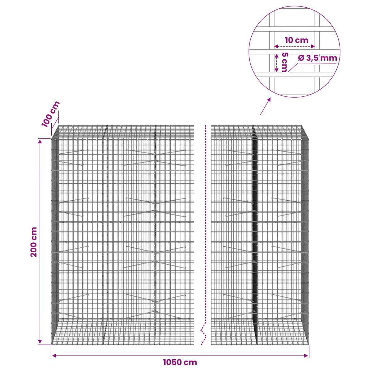 Gabion with 3.5 mm Wire and 5x10 cm Mesh 1050x100x200 cm 1050 cm