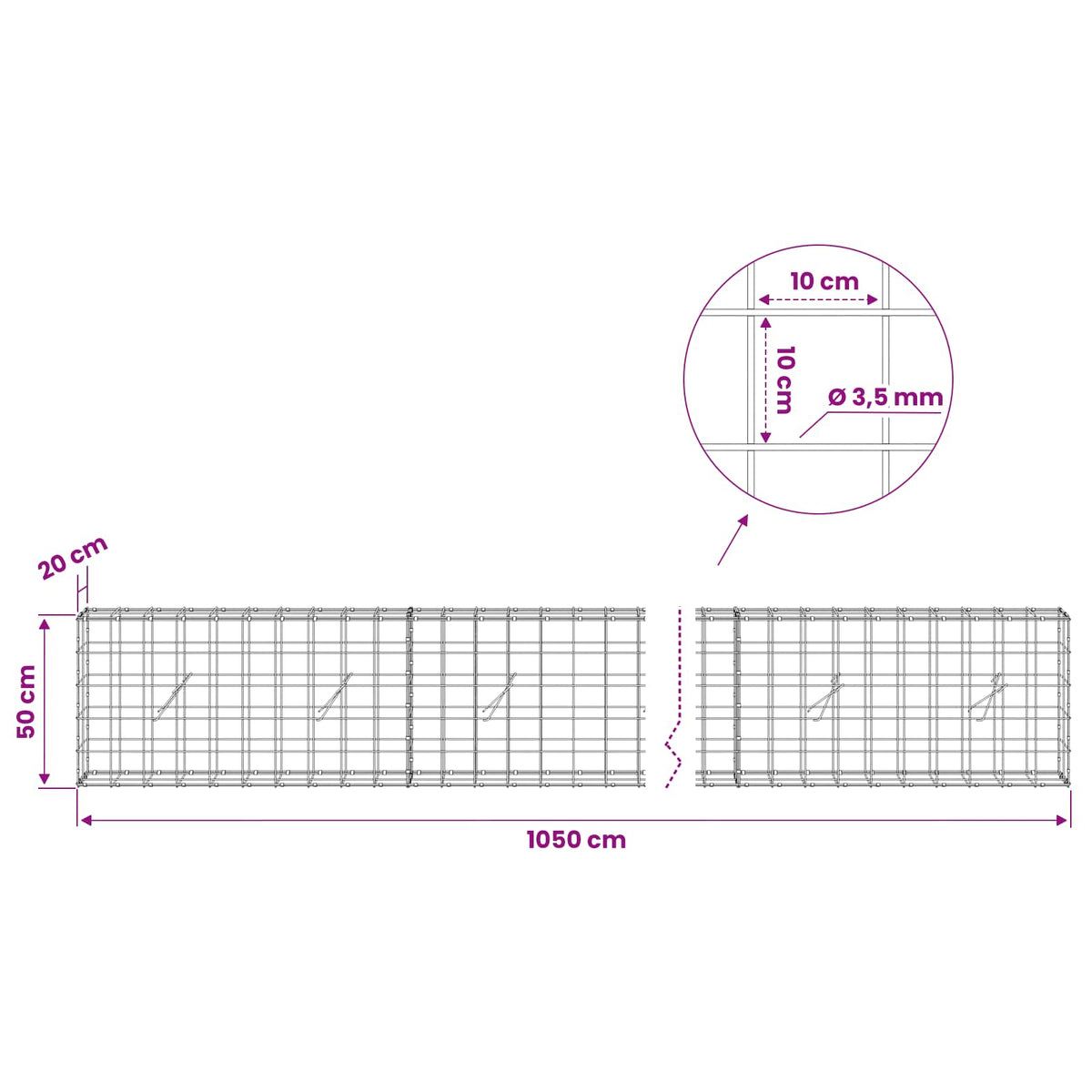 Gabion with 3.5 mm Wire and 10x10 cm Mesh 1050x20x50 cm 1050 cm