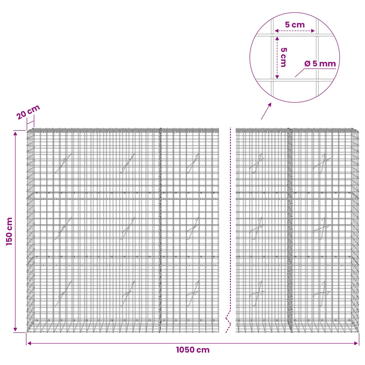 Gabion with 5 mm Wire and 5x5 cm Mesh 1050x20x150 cm 1050 cm
