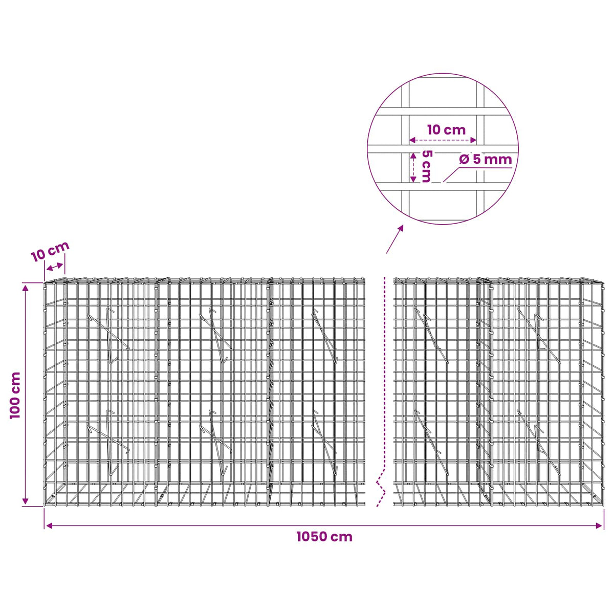 Gabion with 5 mm Wire and 5x10 cm Mesh 1050x10x100 cm 1050 cm