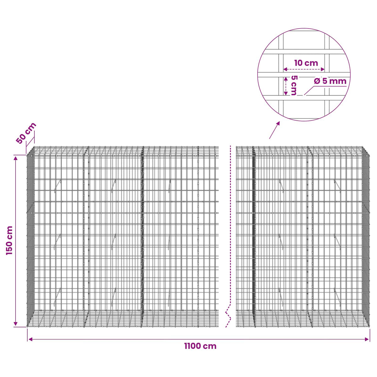Gabion with 5 mm Wire and 5x10 cm Mesh 1050x50x150 cm 1100 cm