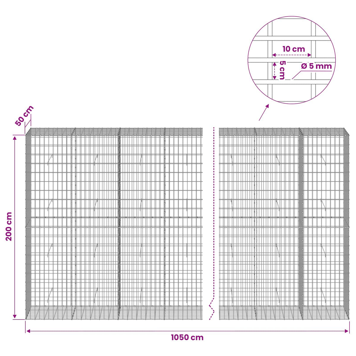 Gabion with 5 mm Wire and 5x10 cm Mesh 1050x50x200 cm 1050 cm