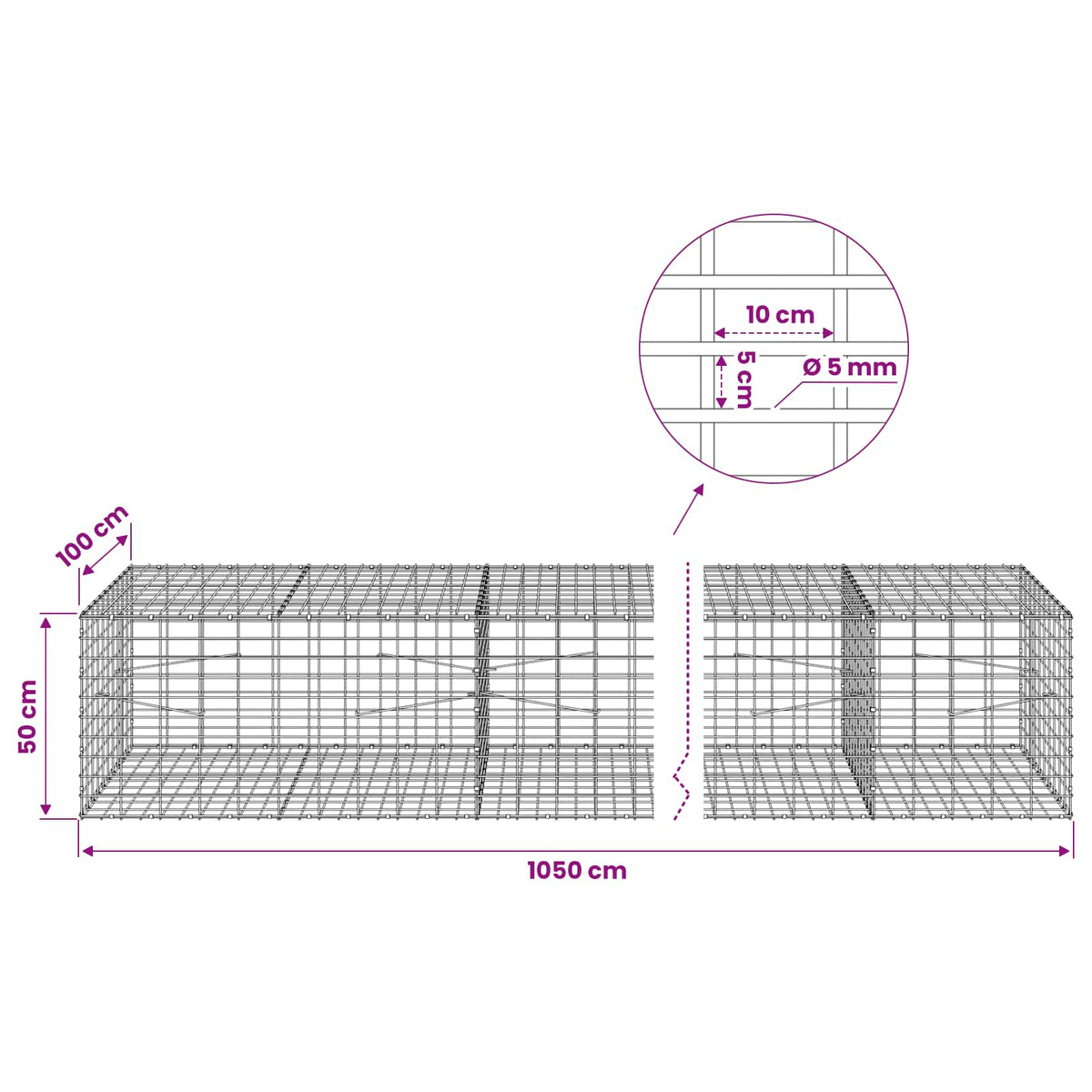 Gabion with 5 mm Wire and 5x10 cm Mesh 1050x100x50 cm 1050 cm
