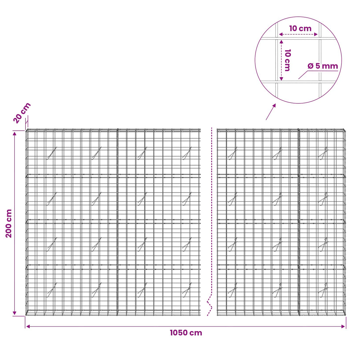Gabion with 5 mm Wire and 10x10 cm Mesh 1050x20x200 cm 1050 cm