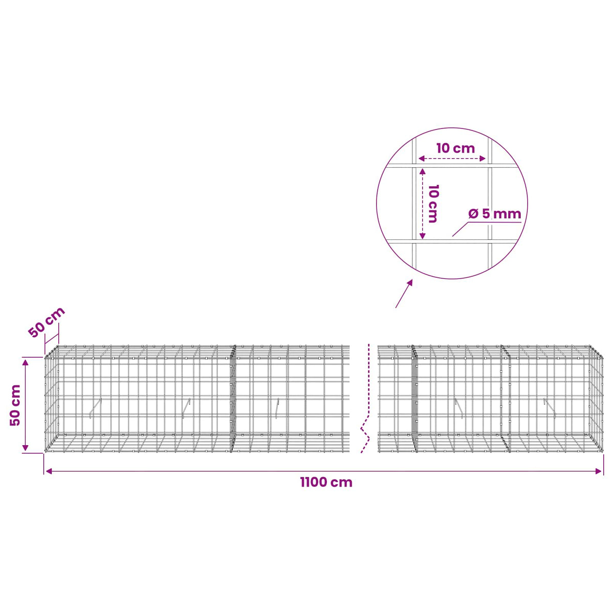 Gabion with 5 mm Wire and 10x10 cm Mesh 1050x50x50 cm 1100 cm