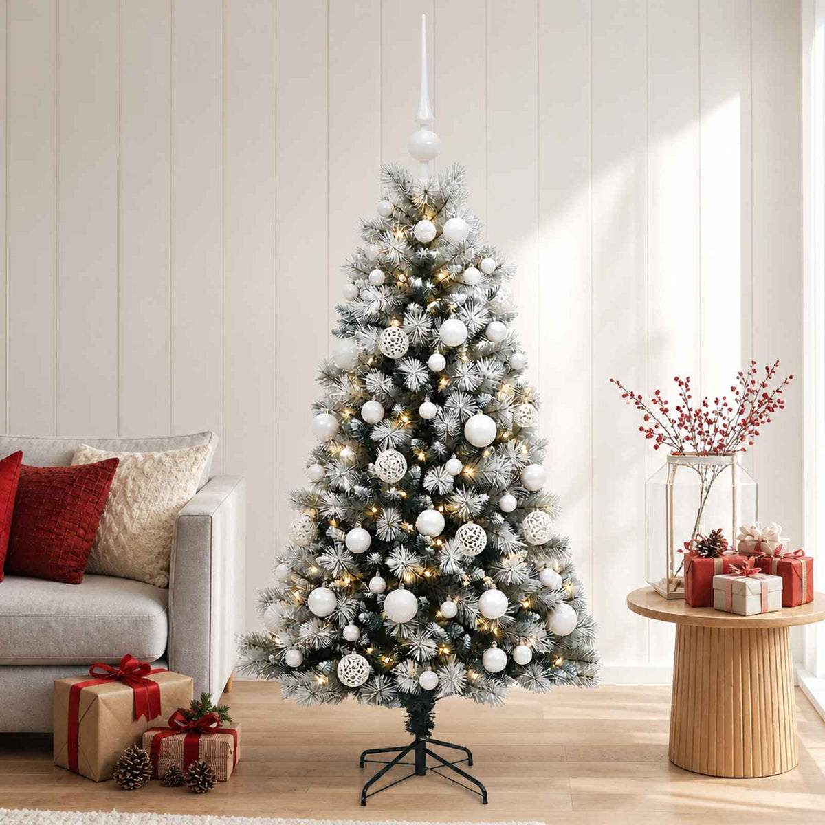 Artificial Hinged Christmas Tree with Baubles 150 LEDs with LEDs & white balls