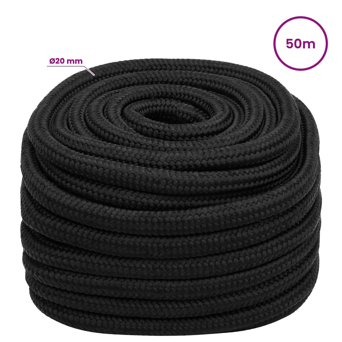 vidaXL Multipurpose Utility Rope 20 mm 50 m Black PP 2400 kg Max Load 6