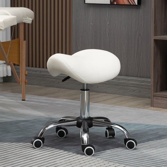 Cream saddle stool with chrome base and wheels in a salon setting