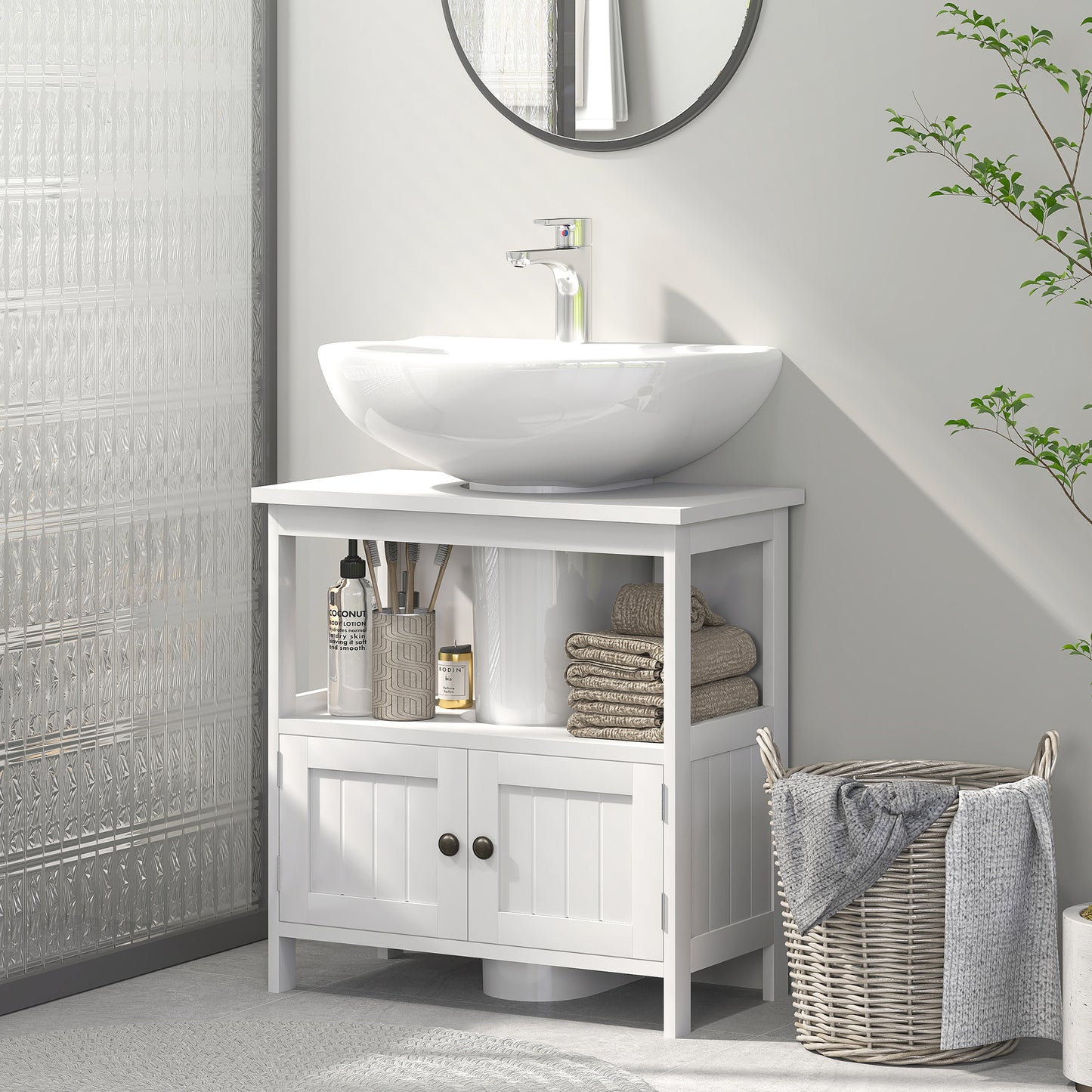 kleankin Pedestal Under Sink Cabinet with Double Doors, Modern Bathroom Vanity Storage Unit with Shelves, White