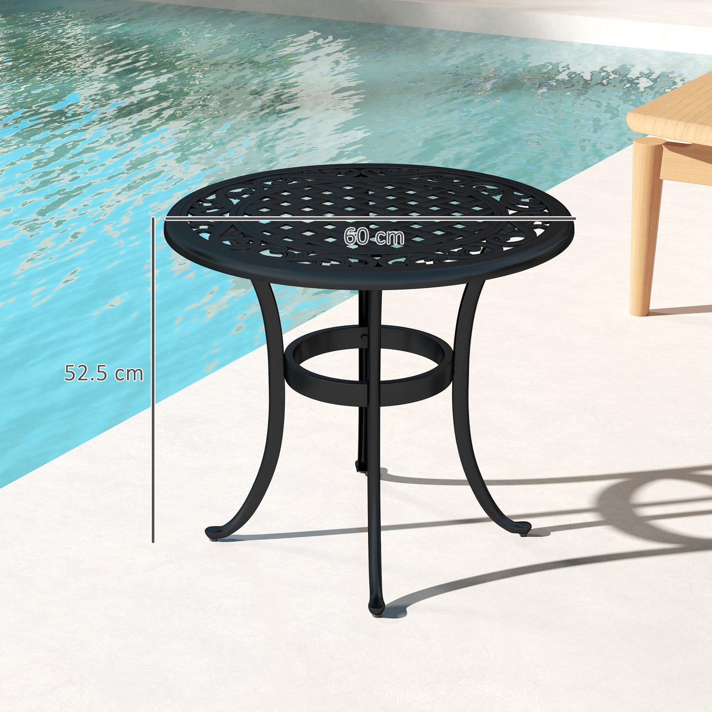 Outsunny 60cm Round Garden Table, Outdoor Hollow Top Design Side Table with Cast Aluminium Frame for Patio, Garden, Balcony, Black
