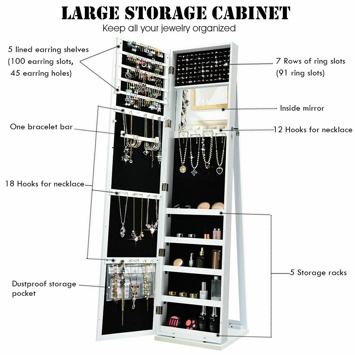 3-in-1 360° Swivel Mirrored Jewelry Armoire with Display Shelves-White