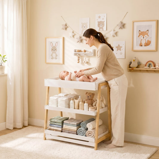 AIYAPLAY Baby Changing Table with 2 Storage Shelves, Nursery Diaper Changing Unit with Waterproof Changing Mat, White