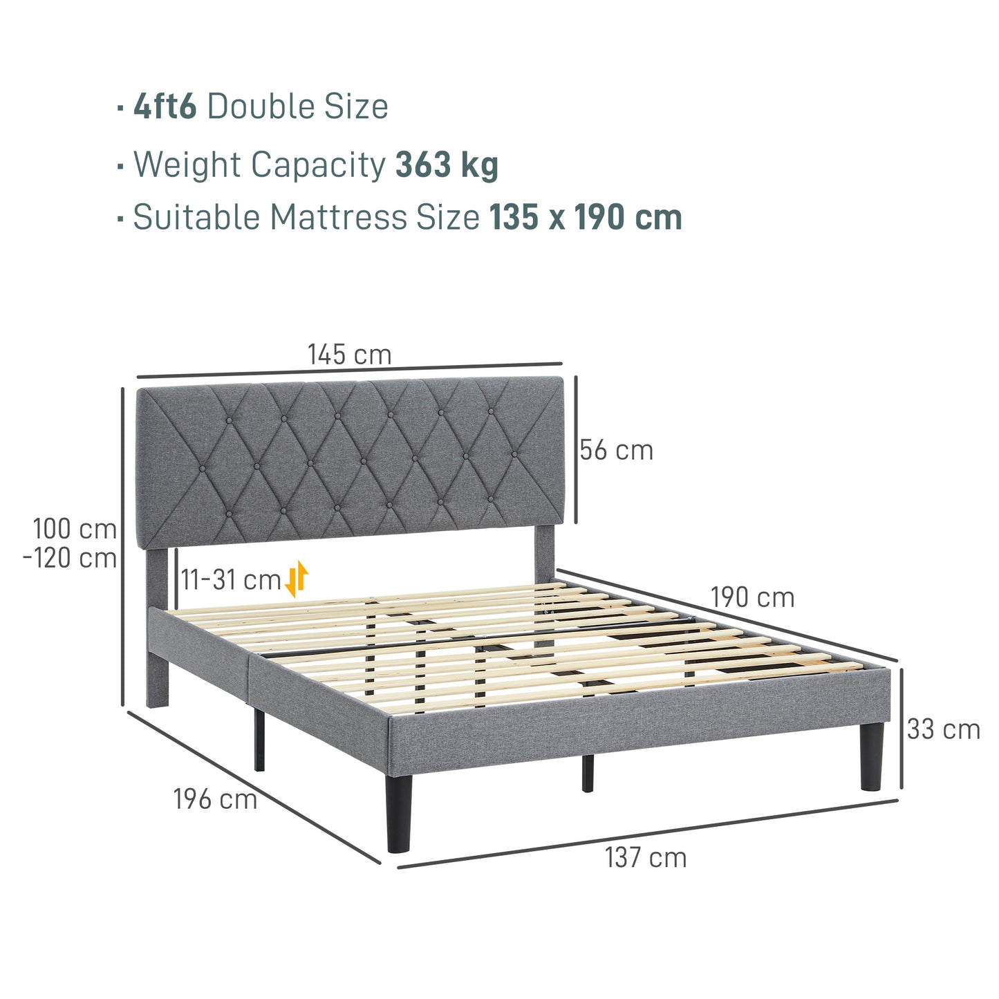 HOMCOM Double Bed Frame with 5-Level Adjustable Linen Upholstered Headboard, Wooden Slats Mattress Foundation, No Box Spring Needed, Grey