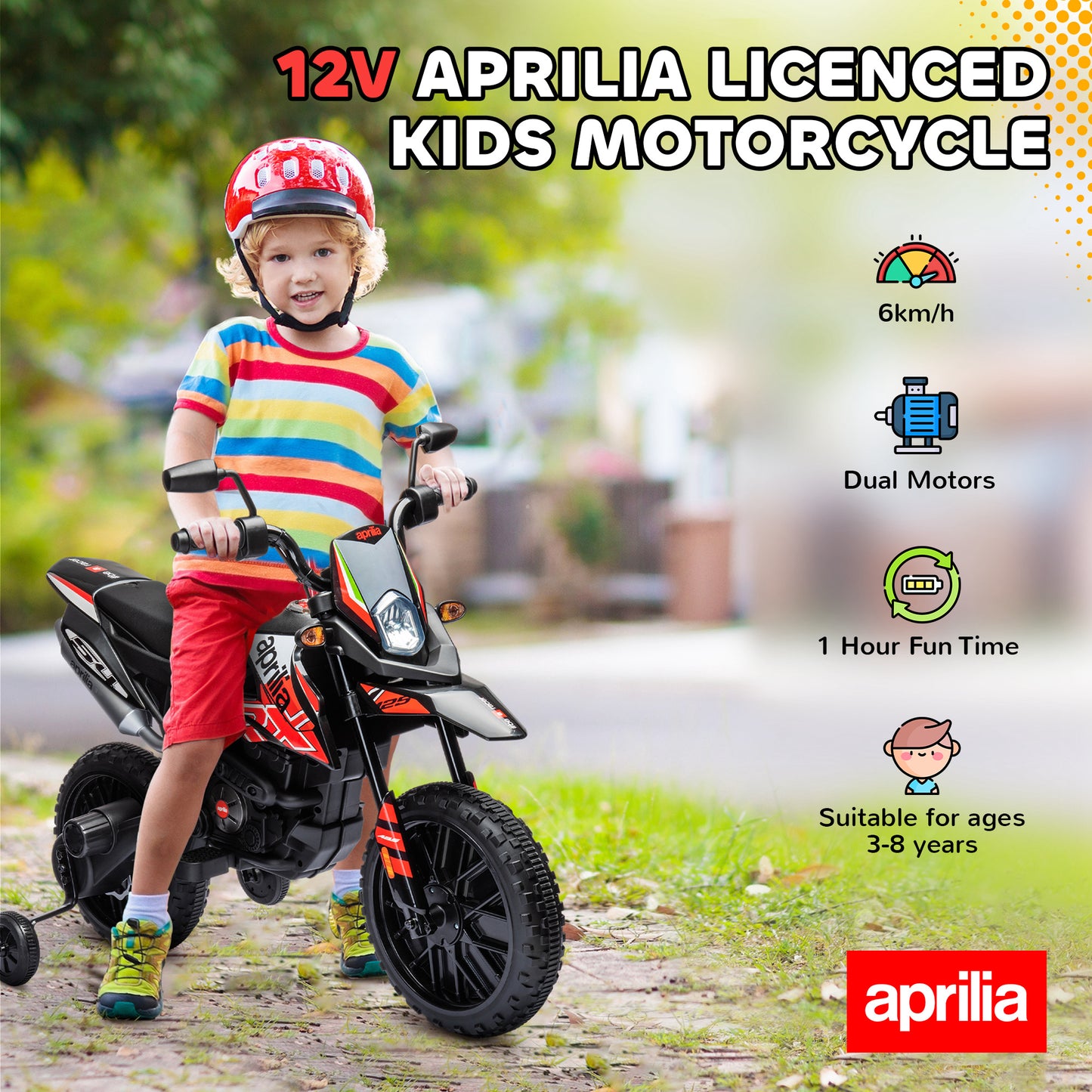 دراجة نارية للأطفال من AIYAPLAY، ١٢ فولت، مرخصة من Aprilia، مزودة بعجلات تدريب، ونظام تعليق زنبركي، ومصباح أمامي LED، وUSB، وموسيقى، لون أحمر/أسود