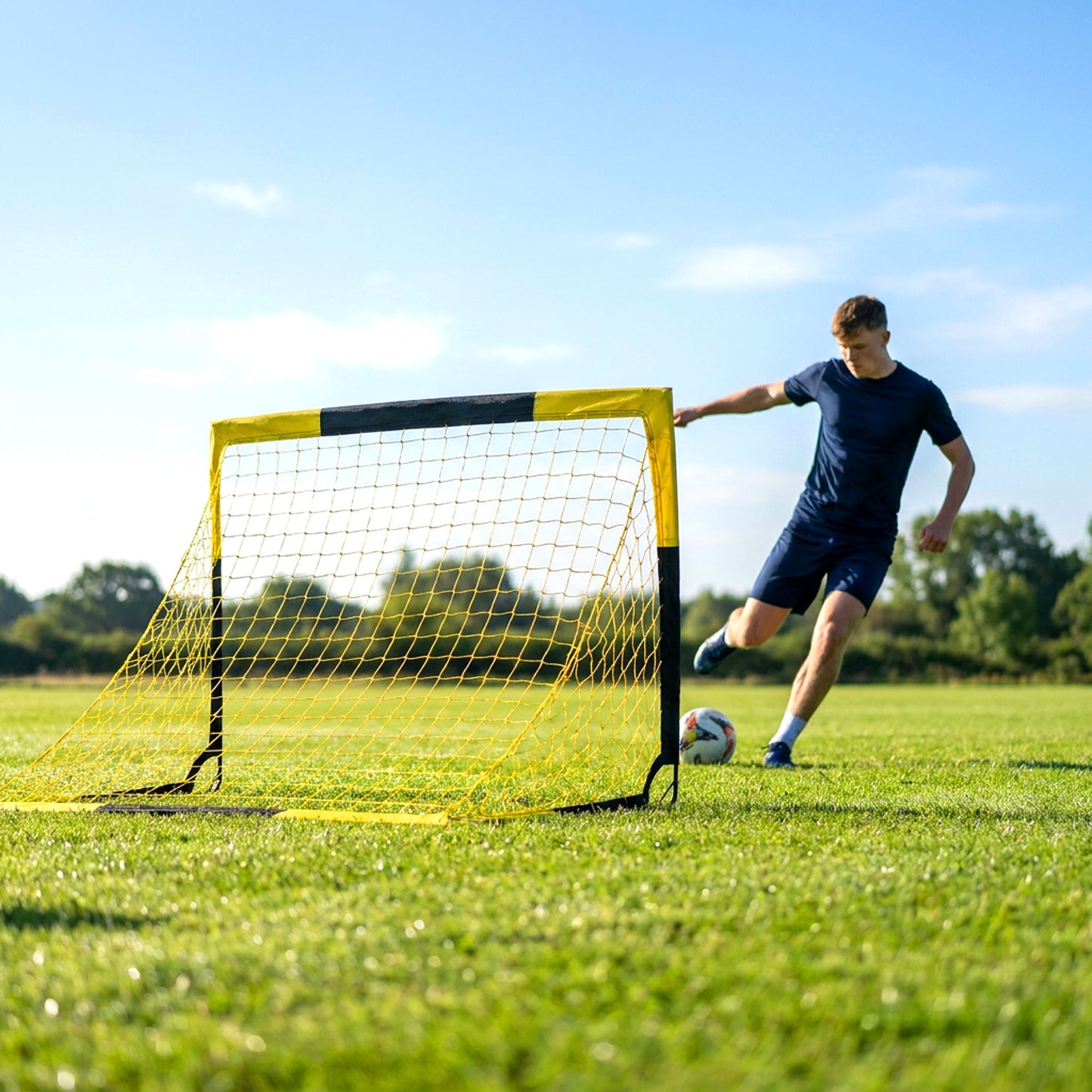 SPORTNOW Pop Up Football Goal, Portable Folding Football Net with Carry Bag, 4 U-Shaped Ground Stakes, Fibreglass Pole