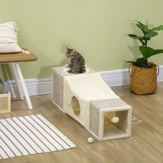 PawHut Cat Tunnel, Plush Large Play Tunnel with Two Caves and Hanging Ball, Cream White